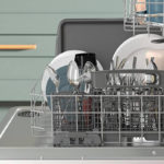 Open dishwasher with dishes